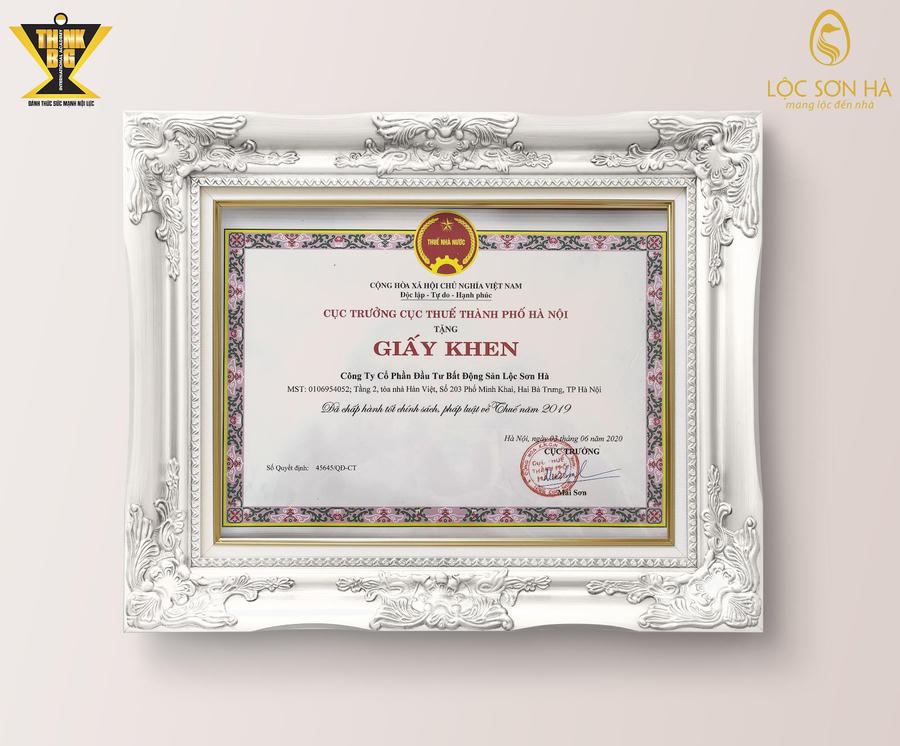 Bằng khen Công ty CPĐT BĐS Lộc Sơn Hà nhận được vì đã chấp hành tốt chính sách, pháp luật&nbsp;về Thuế năm 2019