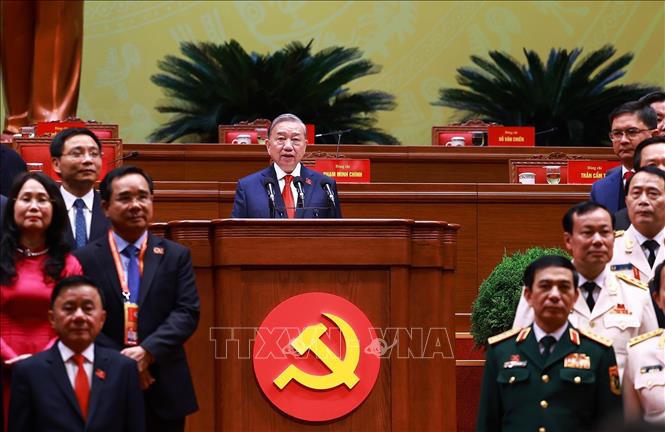 Tổng Bí thư Tô Lâm thay mặt BCH Trung ương Đảng khóa XIV phát biểu ý kiến tại phiên bế mạc Đại hội XIV của Đảng. Ảnh: TTXVN
