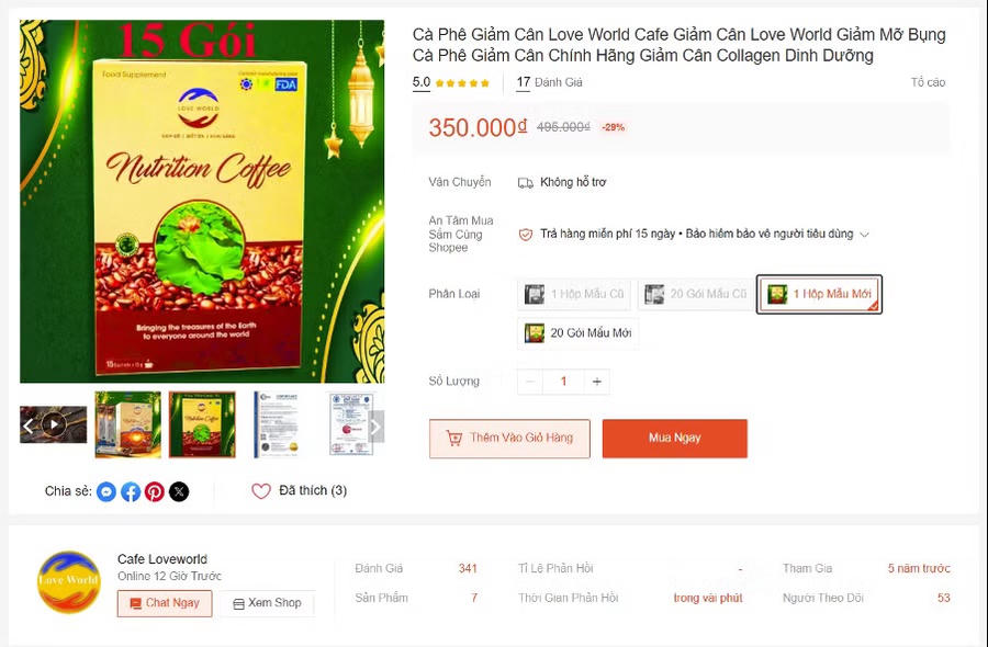 Sản phẩm thực phẩm bổ sung “Love World Nutrition Coffee” có dấu hiệu nghi ngờ vi phạm nội dung quảng cáo. (Ảnh: Cục An toàn thực phẩm)