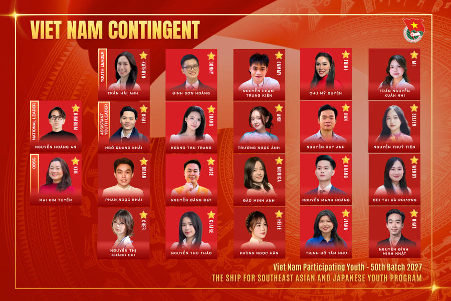 Đoàn Đại biểu Thanh niên Việt Nam tham dự chương trình Tàu Thanh niên Đông Nam Á - Nhật Bản (SSEAYP) 2027 với đội hình 22 thành viên.